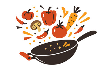 A wok pan contains tomato, paprika, pepper, shiitake mushroom, and carrots, which are components of Asian food, depicted as fresh flying vegetables in a flat vector illustration