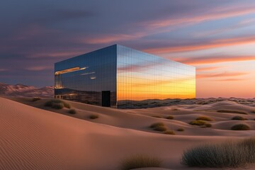 A mirrored building in the desert reflects the sunset, creating a surreal, modern landscape.