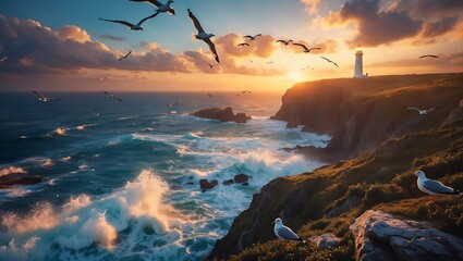 Ocean Cliffside at Golden Sunset with Lighthouse and Seagulls Flying