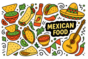 Mexican food is depicted in a trendy black and white line art style, featuring hand drawn doodles and cartoons in a vector set themed around Mexican cuisine