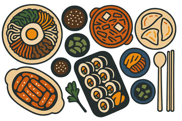 A variety of Korean dishes are shown from a top-down perspective against a food background