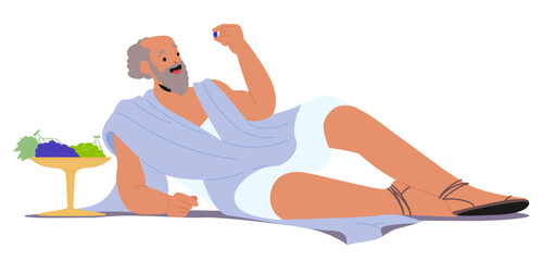 Excited lazy elderly philosopher comic ancient cartoon character lying eating grapes thinking