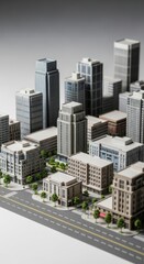 Fototapeta premium Miniature city model showcasing various buildings, roads, and urban elements.