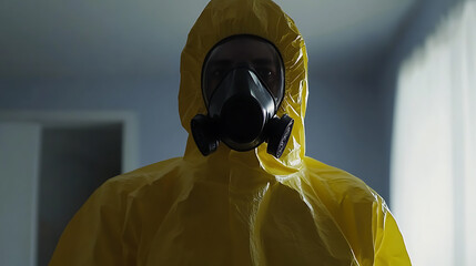 Person in a yellow hazmat suit and gas mask in a brightly lit room. Protection from hazardous materials or a virus outbreak requires safety equipment.