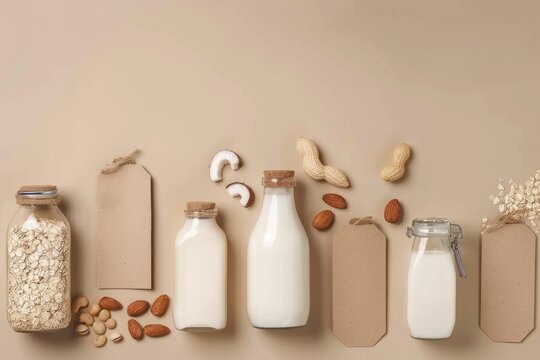 Different types of vegan plant based milk alternatives in glass bottles with blank tags on beige background