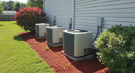 Three Outdoor Air Conditioning Units Installed on Side of House