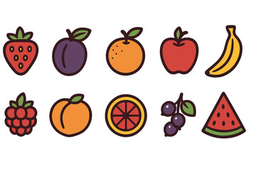 Vector cartoon set of food symbols including strawberry, plum, orange, apple, banana, watermelon, raspberry, peach, grapefruit slice, currant, and gooseberry isolated on background as fruit and