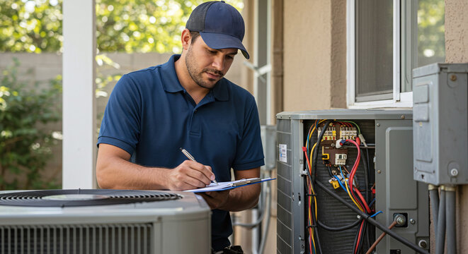 HVAC Technician Working On An Air Conditioning Unit Holding A Clipboard And Writing On It