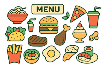 Various menu food sets are depicted in a flat design vector graphic style illustration