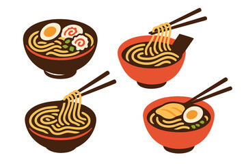 Illustration of Asian meal set, including ramen bowls, chopsticks, and steaming hot broth, presented in a flat cartoon vector style