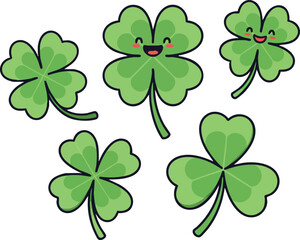 Four leaf clover set with happy faces in green color vector illustration for luck and nature 