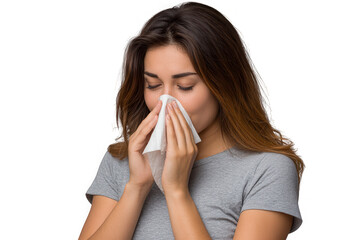 Young woman blowing her nose with tissue isolated on transparent background