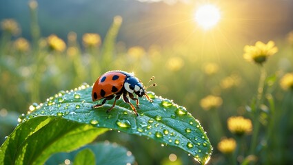 Fototapeta premium Ladybug Crawling on Leaf Covered in Water Droplets at Sunrise