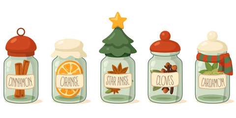 Festive spice jars with cinnamon, orange, star anise, cloves and cardamom