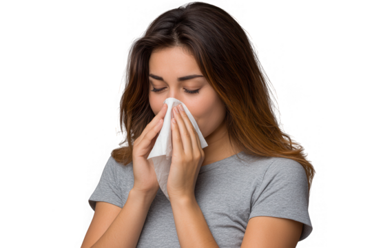 Young woman blowing her nose with tissue isolated on transparent background