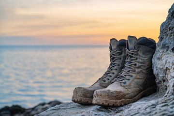 Worn work boots covered in mud, resting on a rock with a sunset and ocean backdrop.