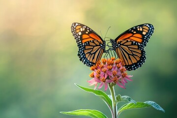 Naklejka premium Two monarch butterflies perched atop a pink coneflower, displaying their vibrant orange and black wings against a soft, blurred green background.