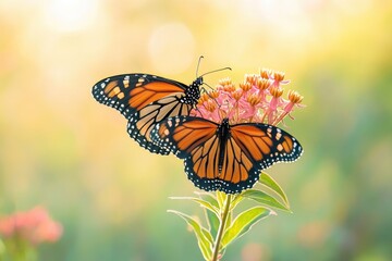 Two monarch butterflies gracefully perched on a vibrant cluster of pink and orange flowers, bathed in soft, golden light.
