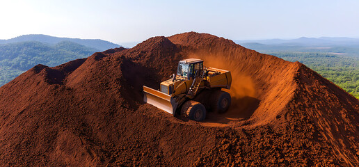 Earthmover dominates a hill of red soil, a testament to industrial power and landscape alteration against a backdrop of rolling green hills.