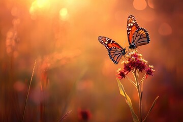 Two monarch butterflies rest on a milkweed flower in a field during golden hour.