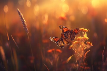 Two monarch butterflies perched on bright orange flowers in a field illuminated by golden light.