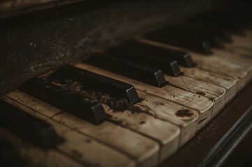 Close-up. The keys of an old piano on the street