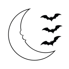 Night sky illustration crescent moon with flying bats halloween design element