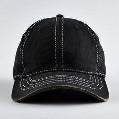 Black baseball cap, with white treads isolated on white background