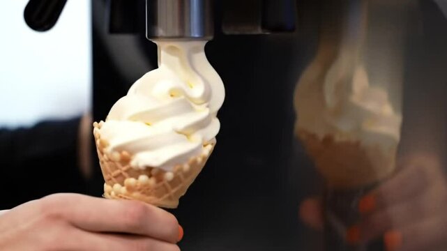 Ice cream cone being filled from machine for summer dessert treat sweet snack food creamy vanilla flavor video 4k