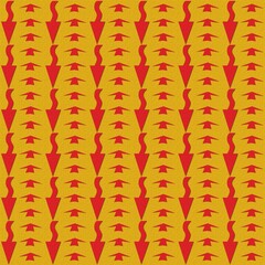 Bold geometric seamless pattern with red arrow shapes on a mustard yellow background. Striking retro abstract design ideal for fabric, wallpaper, packaging, and digital art.