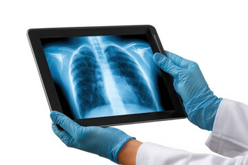 Doctor holding tablet with chest x ray isolated on transparent background