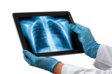 Doctor holding tablet with chest x ray isolated on transparent background