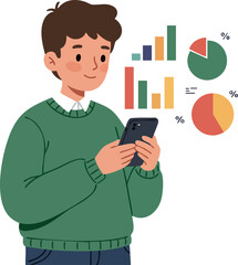 Young man analyzing financial data on smartphone with colorful charts and graphs vector illustration 