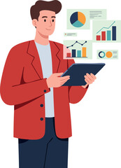 Fototapeta premium Man analyzing business charts on tablet with red jacket and data visualization 