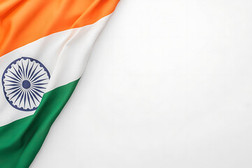A national flag featuring horizontal bands of saffron, white, and green, accompanied by a central blue wheel, partially displayed against a stark white background.