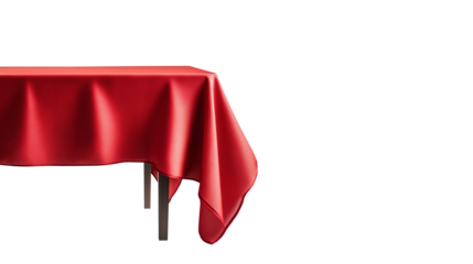 Red tablecloth draped neatly over a dining table, isolated on a transparent or white background, perfect for festive, dining, or interior design visuals.