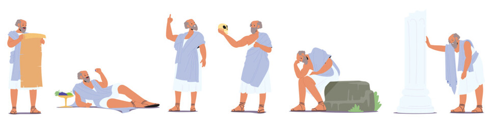 Grey-haired elderly philosopher, ancient thinker cartoon character isolated set on white background