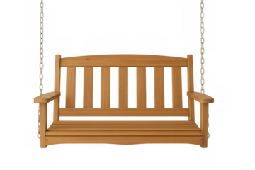 Empty wooden swing hanging from chains, isolated on transparent background, perfect for architectural visualizations or compositions