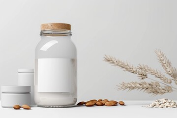 Plant based milk in glass jar with blank label, almonds, oats and wheat on white table