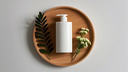 White lotion bottle on wooden tray with green leaves and flowers for skincare products