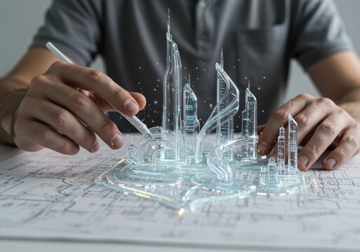 Hands of an Architect Building a Virtual Hologram of Future Technology