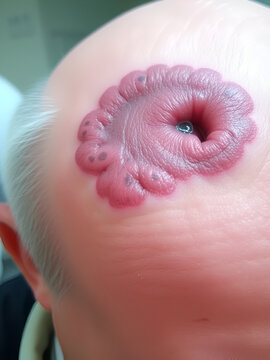 Birthmark of a teratoma on the skin of an old man's head close-up