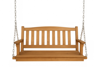 Wooden porch swing dangling from metal chains, suspended against transparent background, ideal for architectural rendering and design layouts