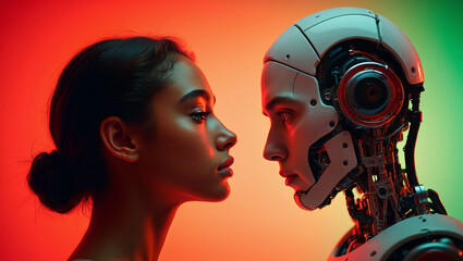 Woman scanned by nest generation AI robot for face identity and data transfer