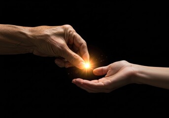 Older Hand Passing a Glowing Seed of Knowledge to a Younger Hand This is a powerful metaphor for mentorship, passing down knowledge, heritage, and legacy