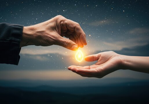 older hand passing a glowing seed of knowledge to a younger hand this is a powerful metaphor for mentorship, passing down knowledge, heritage, and legacy