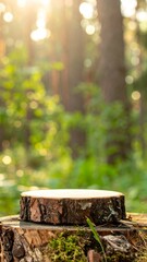 Fototapeta premium Wooden Tree Stump in Sunlit Forest Setting