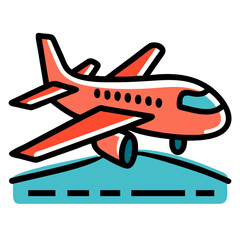 Red airplane taxiing on runway for travel design. Plane is preparing for takeoff on airport runway.  Illustration of plane taxiing on runway perfect for travel brochures and websites.