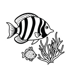 Tropical fish swimming near coral reef in clear ocean on white background Line art