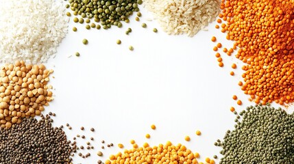 Border of legumes and grains, creates a frame with bright, natural lighting